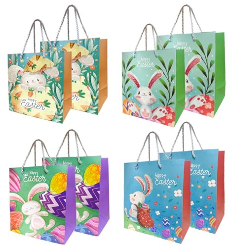 KEELYY 8 stycken presentpåsar påsk, påskpåsar hare påsar påsk papperspåsar med handtag, påskbo för fyllning, påskpresenter påskdekoration, 23 x 22 x 10 cm