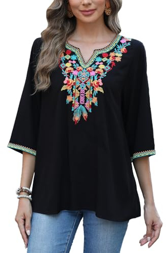 Seasonal Women's Bohemian Tops Hippie Embroidered Shirt Mexican Fancy 3/4 Sleeve with V-Neck Blouses for Women(806,Black-3XL)