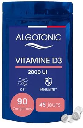 Algotonic - Vitamine D3-90 comprimés - Cure 45 jours - 100% Naturel - 2000 UI/jour - Ossature et Immunité - Arôme Orange
