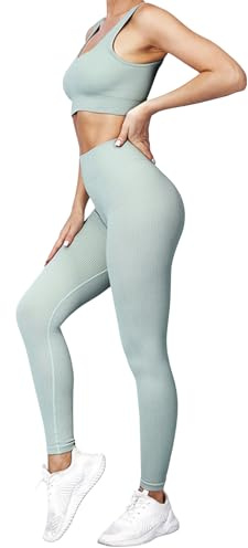 dohomiryo Donna Set di Abbigliamento Yoga Reggiseno Sportivo+Leggings 2 Pezzi Completo Sportivo Palestra Fitness Activewear Verde menta M