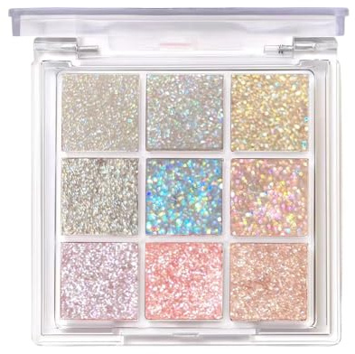Glitter Eyeshadow Palette, 9 Colours Glitter Eyeshadow White Silver Pink Purple Blue Sparkly Eye Make Up Palettes Eye Shadow Pallets for Women, Natural Highly Pigmented Shimmer Eyeshadow
