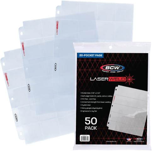 BCW LaserWeld 20-Pocket Coin Pages | 50 Count | Archival Acid-Free 3-Ring Binder Pages for Coins, Cards & Slides | Strong, Flat Laser-Welded Seams