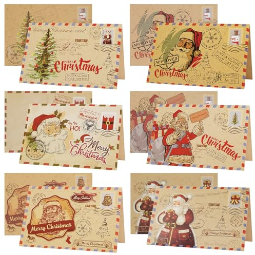 Fantasyon 12 Tarjetas Navideñas con Sobres, Vintage Tarjetas de Felicitación Navideñas, Tarjeta Regalo Postales Navidad para Saludos Familia Amigos