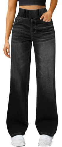 YCBMINGCAN Pantalones vaqueros para mujer de cintura alta con cintura cómoda, pierna ancha, pantalones vaqueros elásticos sin cremallera, cómodos pantalones de ocio de pierna recta, #1-negro, L