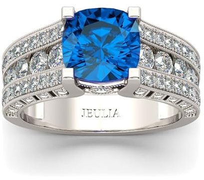 Damen Ring Milgrain Zirkonia Ehering Retro Breit Fingerring mit Blauem Stein Hochzeitsring Kissenschliff Rundschliff Verlobungsring Sterling Silber Trauring für Hochzeit Valentinstag (Blau, 64(20.6))