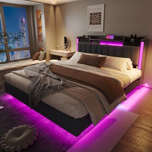 HESHU Polsterbett Bettgestell 160x200 mit LED und USB Ladestation,Bett mit Stauraum Kopfteil, Schwebebett Bettrahmen Erwachsene,Leinenstoff, Ohne Matratze,Grau