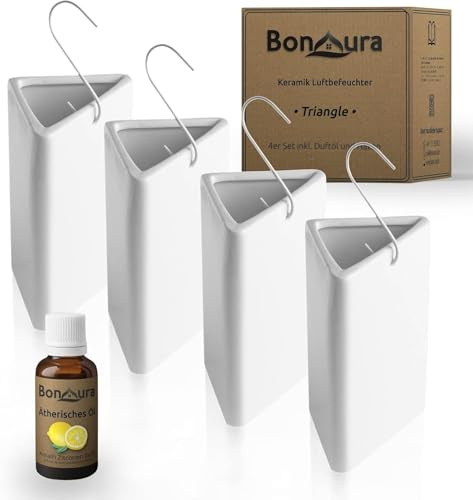 Luftbefeuchter Heizung Keramik Wasserverdunster Dreieck 4er Set 200 ml | BURI, Duftöl, Verdunsterschale, Wasserbehälter, Metallhaken, Raumklima, Luftfeuchtigkeit, Winterbetrieb, energiesparend