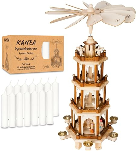 BRUBAKER Julpyramid med Set med 50 Vita Ljus – Roterande Karusell med Fyra Nivåer och Handmålade Träfigurer – Festlig Dekoration på 60 cm – Naturlig Ytbehandling