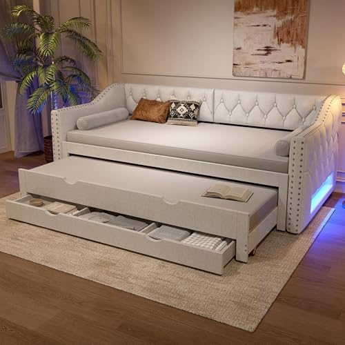 Gxffipw Schlafsofa Tagesbett 90x200 cm mit Ausziehbett und LED Licht, Polsterbett Sofabett mit Schubladen und Nieten Design, Sofa Bett Bettgestell mit Lattenrost, Linen, Beige, Ohne Matratze