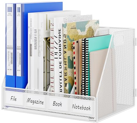 EasyPAG 4 Compartiments Métal Maille A4 Vertical Porte-Revues,Banette de Rangement Bureau,Organisateur de Magazine,Corbeilles à Courrier,Bannette Papier,Range Document pour Bureau & Maison,Blanc