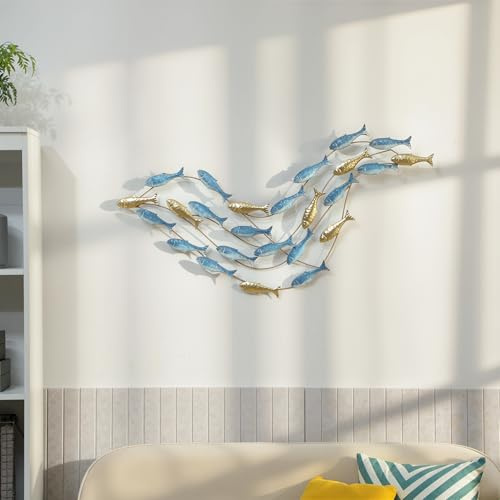 HOMCOM Wanddeko Wandbild Fische mit Fischdesign Wanddekoration | Künstlerisch, Metallbild, Wandskulptur, Wohnzimmer-Kunst, für Schlafzimmer, Esszimmer