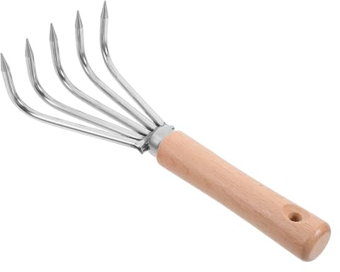 KOMBIUDA Râteau à Main en Acier Inoxydable 5 Dents avec Manche Court en Bois Blanc Outil de Creusage et Cultivateur Portatif pour Jardinage Désherbage et Ameublir Le Sol – Outil de