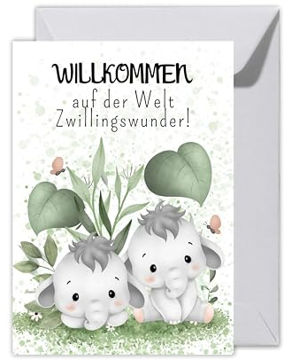 WBdesingz XXL Glückwunschkarte zur Geburt von Zwillingen mit Umschlag- Karte Willkommen auf der Welt Zwillingswunder - Babyglückwünsche Elefanten - Zwillingskarte für Eltern, Familie (XXL DIN A4)