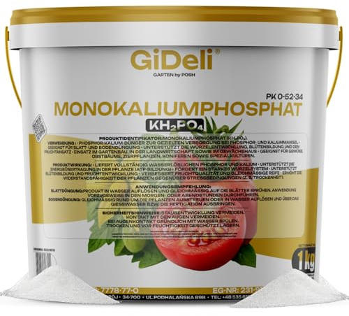 GiDeli Monokaliumphosphat MKP 1 kg - Wasserlöslicher PK Dünger für Tomaten | hochkonzentriert 0-52-34, stärkt Blüte und Fruchtansatz, für Beeren Gurken Paprika, chlorfrei