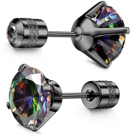 Hypoallergenic Titanium Stud Earrings - G23 Implant Grade 5A CZ Titanium Screw Back Double-Sided Stud for Men Women with Sensitive Ears, Cartilage Tragus Helix Piercing Jewellery Rainbow Black 6MM