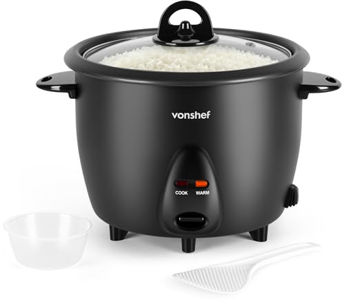 Vonshef Rice Cooker 1.8L– Electric Rice Cookers Large | For 8 with Keep Warm Function, Rice Steamer with Removable Non-Stick Pot, Measuring Cup and Spatula – 700W, Black