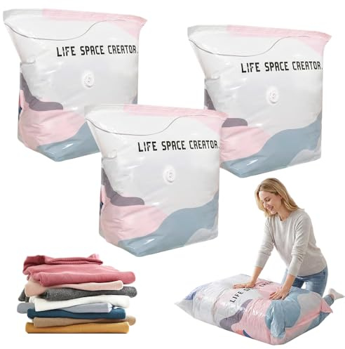 Vacuum Storage Bags, 2026 New No-Pump Large Vacuum Storage Compression Bags, Press & Seal, Reusable Vacuum Pack Bags for Clothes Duvet Travel Home Comforters Bedding (3PCS, 70x50x30cm)