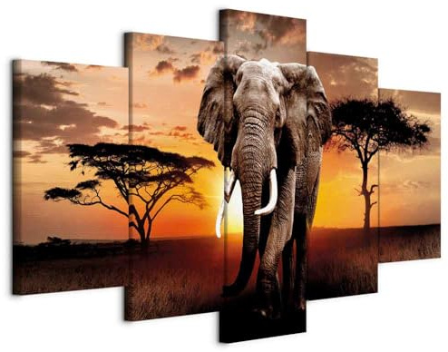 murando - Leinwandbild Landschaft Tier Elefant, 200x100 cm, 5-teilig | Hochwertige Leinwand, sofort aufhängbar, ideal fürs Wohn- oder Schlafzimmer, wasserfest und lichtecht, langlebig, stilvoll