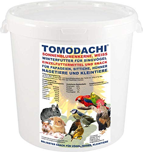 Vogelfutter, Vogelsnack Sonnenblumenkerne weiß, Winterfutter für Wildvögel, Energiefutter für Singvögel, Vogeldelikatesse, Wildvogelsnack, Tomodachi® Sonnenblumenkerne 1kg Eimer