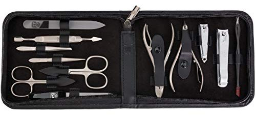 DREI SCHWERTER - 12-tlg. Maniküre-Pediküre-Set 'Firenze' | Hochwertiges Nageletui aus Echt Leder zur Hand- & Fußpflege. Farbe: schwarz | Inhalt: Nagelschere, Nagelknipser, Pinzette & vieles mehr!