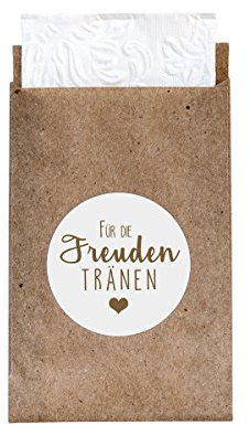 24 Geschenktüten + 24 Sticker 'Freudentränen' (kraft/weiß) - Minipapiertüten und Aufkleber im Vintage-Stil für die Hochzeit - Flachbeutel für Taschentücher