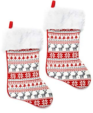 Heitmann Deco 2er Set Nikolausstiefel zum Befüllen und Aufhängen - Nikolaus-Strumpf - rot/weiß/grau mit weihnachtlichem Muster