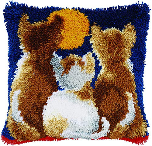 Trio of Moon-Gazing Kittens​ Latch Hook Cushion Kit 43x43cm, Complete DIY Cushion Making Craft Kits with Yarn & Canvas and Crochet Needle, Latch Hook Pillowcase Cushion Cover Craft Kits Home Decor