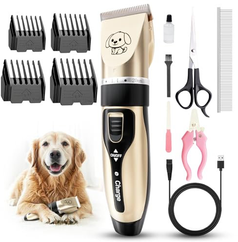 Dog Clippers, Rechargeable Low Noise Cordless Pet Clippers, with 4 Guide Combs and Cleaning Brush Nail Kits