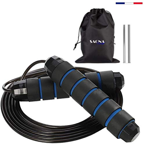Springseil, Sport, Crossfit, Boxen und Fitness – verstellbar, schwer (Gewicht), Kugellager (Geschwindigkeit) – Erwachsene & Kinder – Tasche + E-Book (blau)