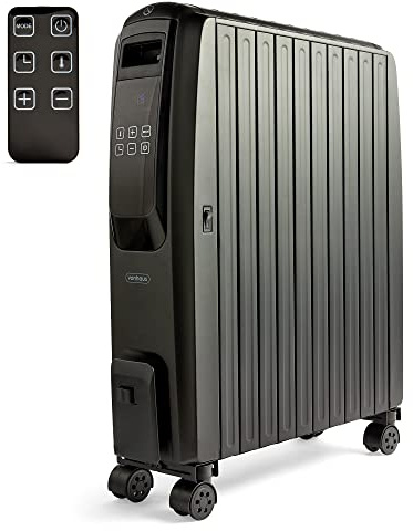 VonHaus Digital Oil Filled Radiator with Remote Control & LED Display – Oil Heater Portable Electric Free Standing 2500W for Home, Office – Adjustable Thermostat, 3 Heat Settings, Wheels, 1.5m Cable
