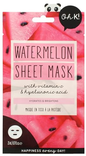 Oh K! Watermelon Sheet Mask, With Added Vitamin C, For Dull and Dehydrated Skin, Instant Brightening Effect, Vegan and Cruelty Free, 30g