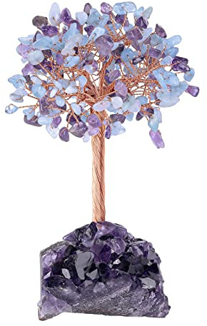 KYEYGWO Kristallbaum Figuren Amethyst Drusestück Base Amethyst Aquamarine | Reiki Stein Bonsai Geldbaum Figuren Edelsteinbaum Ornament Haus für Glück, Reichtum FengShui Deko