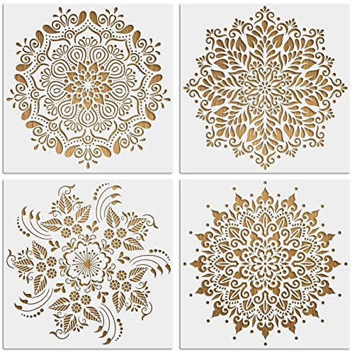 MWOOT 4 Piezas Grande Mándala Stencils Plantillas Pintura, Reutilizable DIY Mandala Painting Template, Flores Dibujo Plantillas Accesorios para Pintar en Madera Pared Tela Piso Decoración (30x30CM)