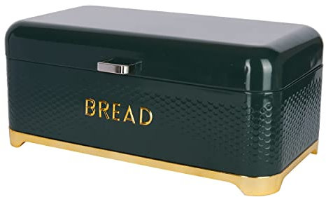 KitchenCraft Textured Large Bread Bin with Lid, Ventilated Design, 41.5 x 2 x 18cm – Hunter Green & Gold