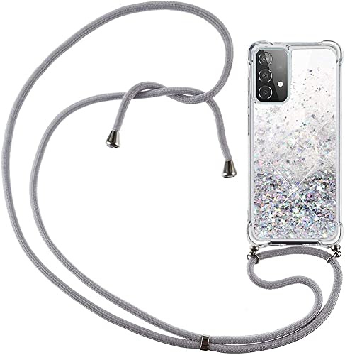 CaseLover Handykette Handyhülle für Samsung A13 4G, Glitzer Flüssig Bewegende Treibsand Transparent Silikon Case mit Kordel zum Umhängen Necklace Hülle mit Band für Samsung Galaxy A13 4G, Silber Grau