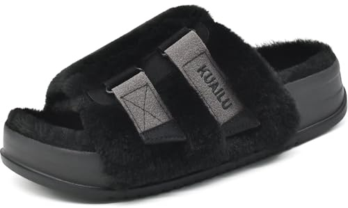 KuaiLu Women's Orthotic Arch Support Slippers, Soft Cushioned & Adjustable | Fuzzy Platform Slippers Fluffy Furry Slides Faux Fur Sandals Warm Indoor Outdoor House Shoes