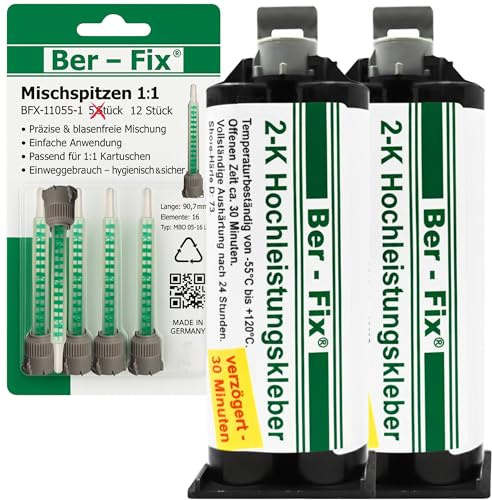Ber-Fix Hochleistungskleber 2K MMA 30 Min 2x50g + 12 Düsen ohne Pistole | Hochleistungskleber 30 Min als 2x50g-Kartusche; passende Dosierpistole erforderlich, aber nicht enthalten.