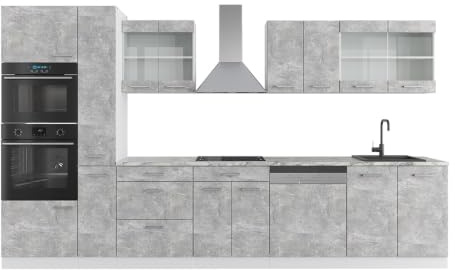 Vicco Küchenzeile R-Line, Beton/Weiß, 350 cm | 9 Module · Höhenverstellbare Füße · Ohne Arbeitsplatte · Robuste Fronten · Mit Backofen-/Mikrowellenschrank