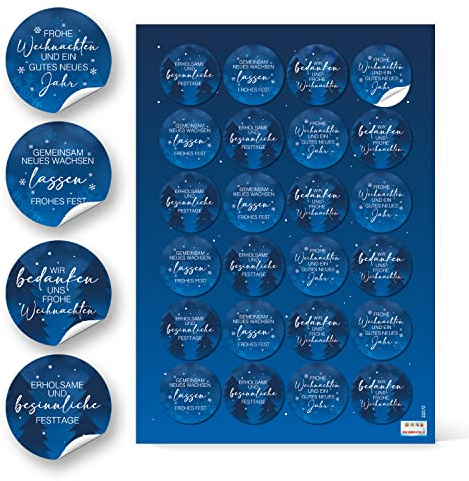 24 runde Weihnachtsaufkleber blau weiß Weihnachtsticker Firma Weihnachtssticker Kunden Mitarbeiter Geschenke 4 cm Premium Made in Germany Logbuch-Verlag