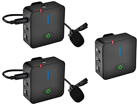 Andoer Kabelloses Aufnahmemikrofon-System Andoer MX5 2,4 G (1 Empfänger + 2 Sender) mit Ansteckmikrofonen, effektive Reichweite, 50 m, integrierter wiederaufladbarer Akku für Smartphone