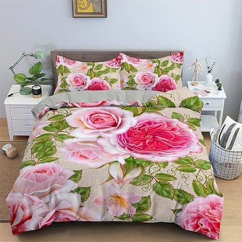 SJSXWQN Double Duvet Set Pink Begonia Double Bed Duvet Cover Set for Children Aldult with Zipper Closure Breathable Hypoallergenic Microfiber Quilt Cover 78.7x 78.7 + 2 Pillowcases 19.7x 29.5