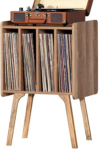 LELELINKY Record Player Stand,Vinyl Record Storage Table with 4 Cabinet Up to 100 Albums,Mid-Century Modern Turntable Stand with Wood Legs,Oak Grey Vinyl Holder Display Shelf for Bedroom Living Room