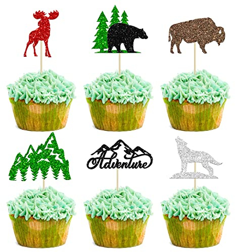24 Stück Wald-Kreaturen Thema Cupcake Topper Baum Berg Hirsch Bär Cupcake Picks Safari Dschungel Tiere Thema Babyparty Geburtstag Party Kuchen Dekorationen Zubehör
