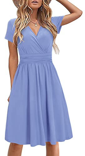 STYLEWORD Women's Summer Dress Short Sleeve V-Neck Sundress Light Purple Wrap Waist Casual Dress with Pockets(Light Purple,Small)