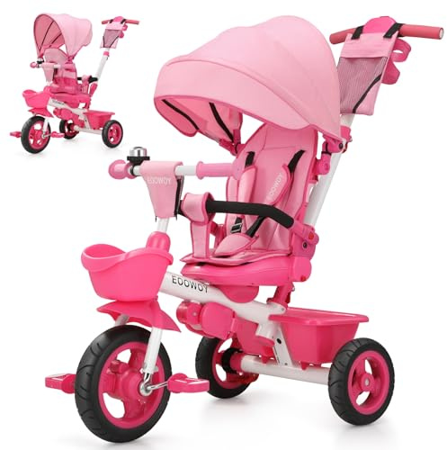EOOWOY Toddler Tricycle with Push Handle, 7 in 1 Stroller Trike with 360° Swivel Seat, Reclining Backrest, All-Terrain Wheels, Dual Brakes, Canopy & Storage, Gift for Kids 18 Months to 5 Years, Pink