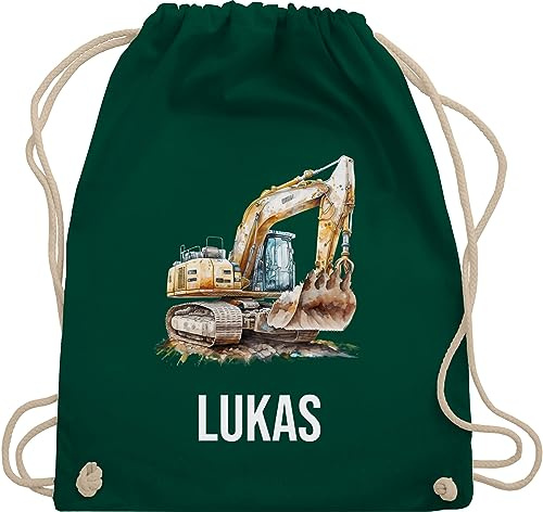 Turnbeutel Rucksack - Bagger Baggerfahrer Baggerführer Baustellenfahrzeug - Unisize - Dunkelgrün - beutel kindergarten sportbeutel kita baufahrzeug name stoffbeutel kinder kindergartentasche