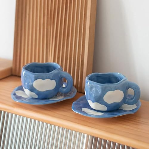 Service à Café Peint à la main le ciel bleu et les nuages ​​blancs tasse à café avec soucoupe en céramique à la main tasse à thé soucoupe ensemble cadeau mignon for elle Porcelaine Anglaise ( Color :