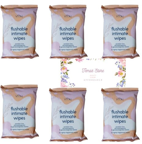 Temas Flushable Intimate Wipes Bundle - Pack of 6x15 Feminine Wipes, Lightly Fragranced, Paraben-Free, Sewer-Safe, 90 Count