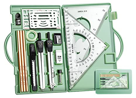 YOGOTEU Geometrie-Set mit Schwenkarm, Winkelmesser, Teiler-Set, Quadrate, Zeichnungswinkel, Zirkel und Winkelmesser, 18-teiliges Set, Mathematik-Kompass und Winkelmesser, Geometrie-Werkzeug-Set,