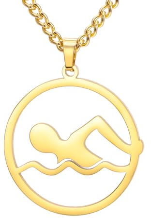 TEAMER Collier de natation Pendentif nageur en acier inoxydable Bijoux de sport aquatique Pour nageur Amoureux de la natation Entraîneur d'équipe de natation (Collier de natation - Or)